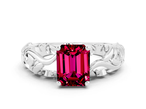 Silver Emerald Cut Solitaire Garnet Leaf-Inspired Vine Band Ring with Prong Setting