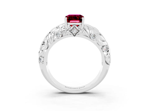 White gold Emerald Cut Solitaire Garnet Leaf-Inspired Vine Band Ring with Prong Setting_3