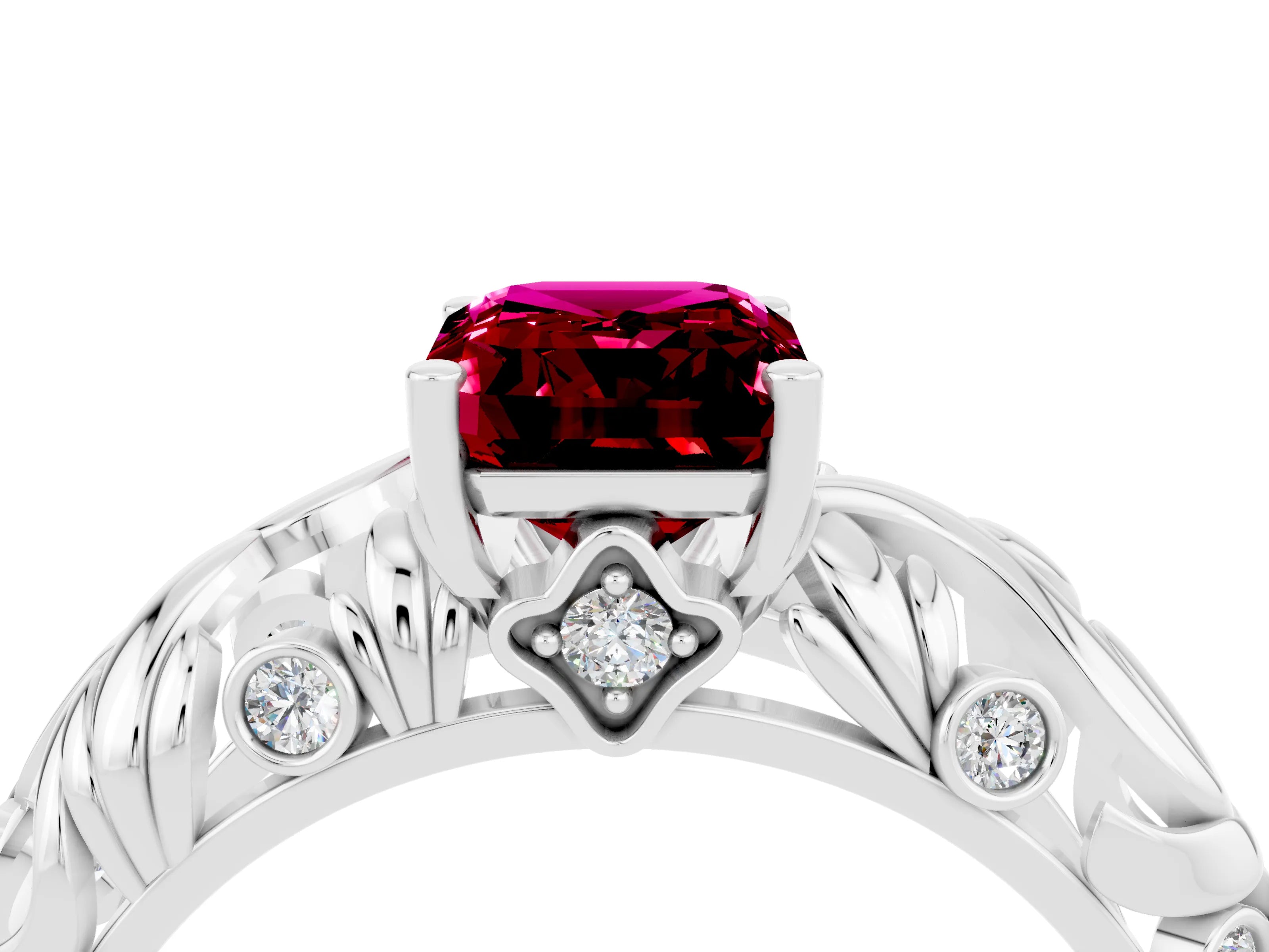 White gold Emerald Cut Solitaire Garnet Leaf-Inspired Vine Band Ring with Prong Setting_4