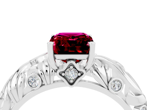 White gold Emerald Cut Solitaire Garnet Leaf-Inspired Vine Band Ring with Prong Setting_4