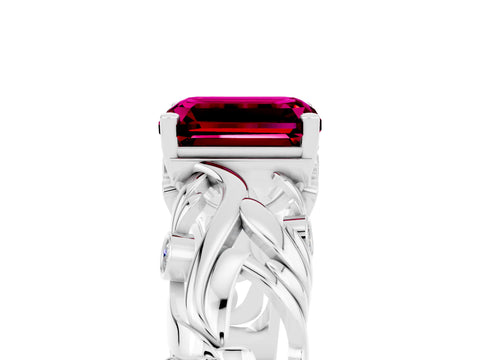 White gold Emerald Cut Solitaire Garnet Leaf-Inspired Vine Band Ring with Prong Setting_5