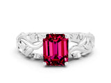White gold Emerald Cut Solitaire Garnet Leaf-Inspired Vine Band Ring with Prong Setting