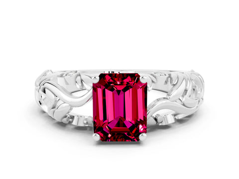 White gold Emerald Cut Solitaire Garnet Leaf-Inspired Vine Band Ring with Prong Setting