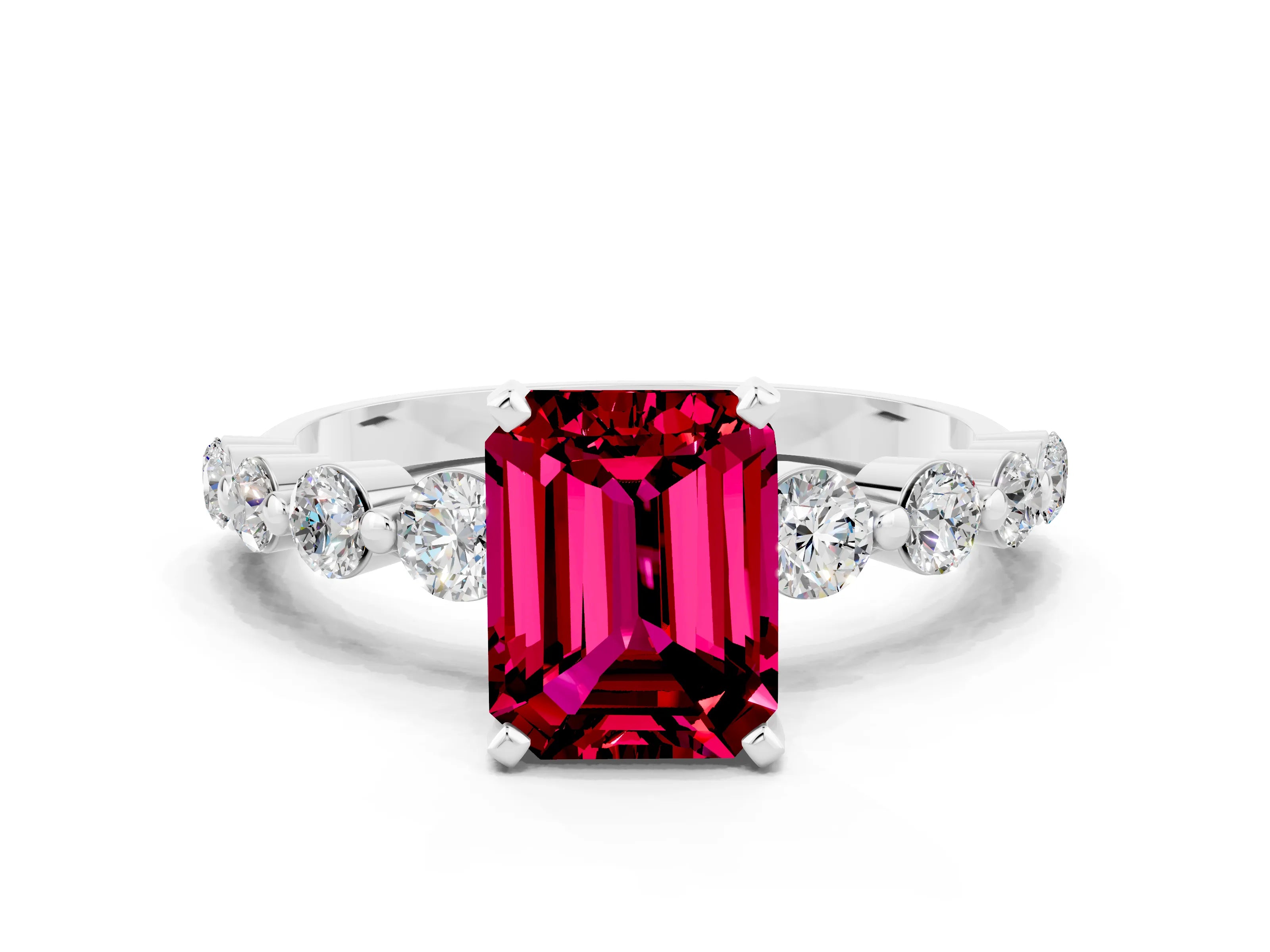 White gold Emerald Cut Solitaire Garnet Ring with Pave Band and Four-Prong Setting