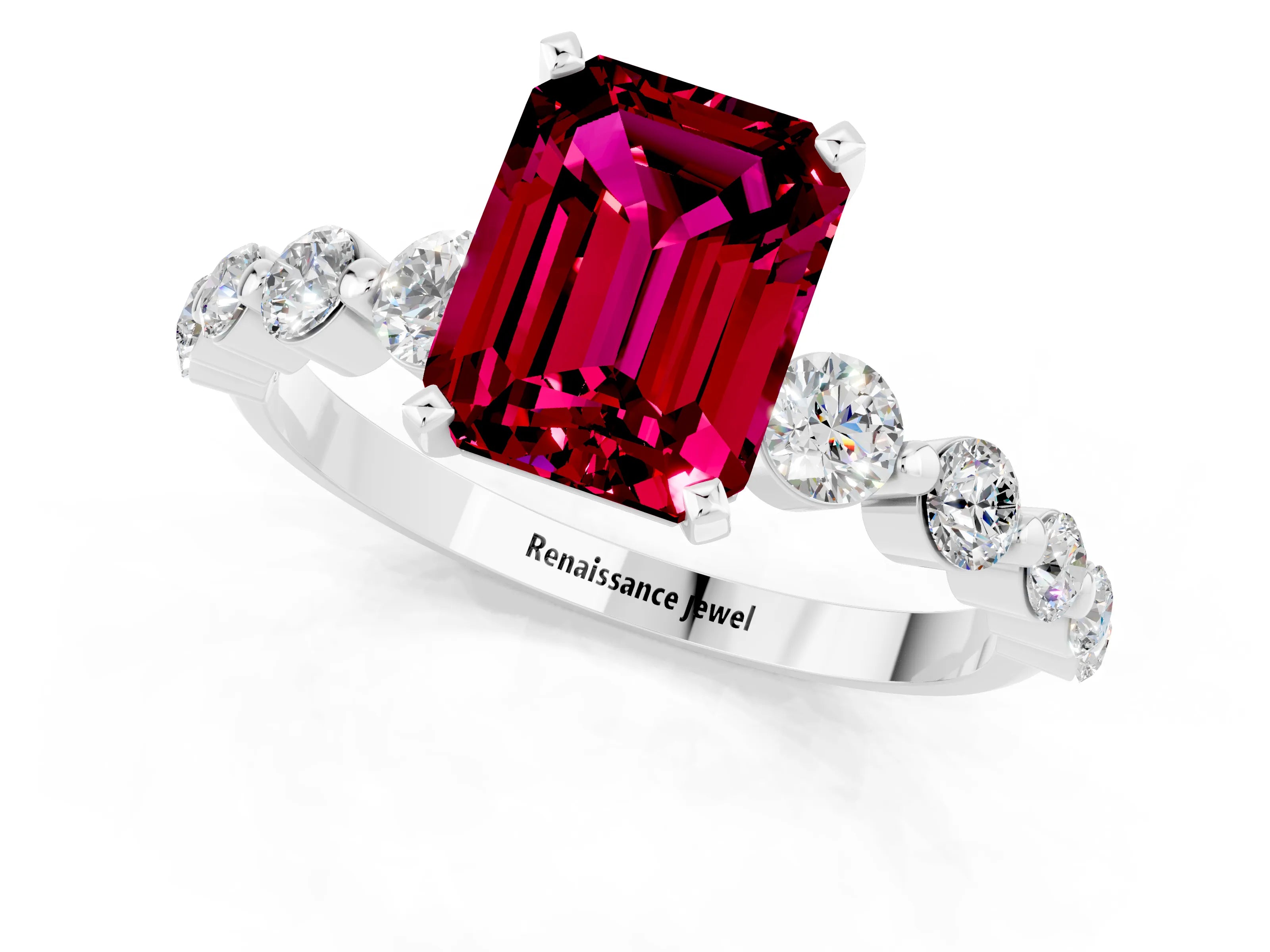 White gold Emerald Cut Solitaire Garnet Ring with Pave Band and Four-Prong Setting_1
