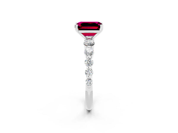 Platinum Emerald Cut Solitaire Garnet Ring with Pave Band and Four-Prong Setting