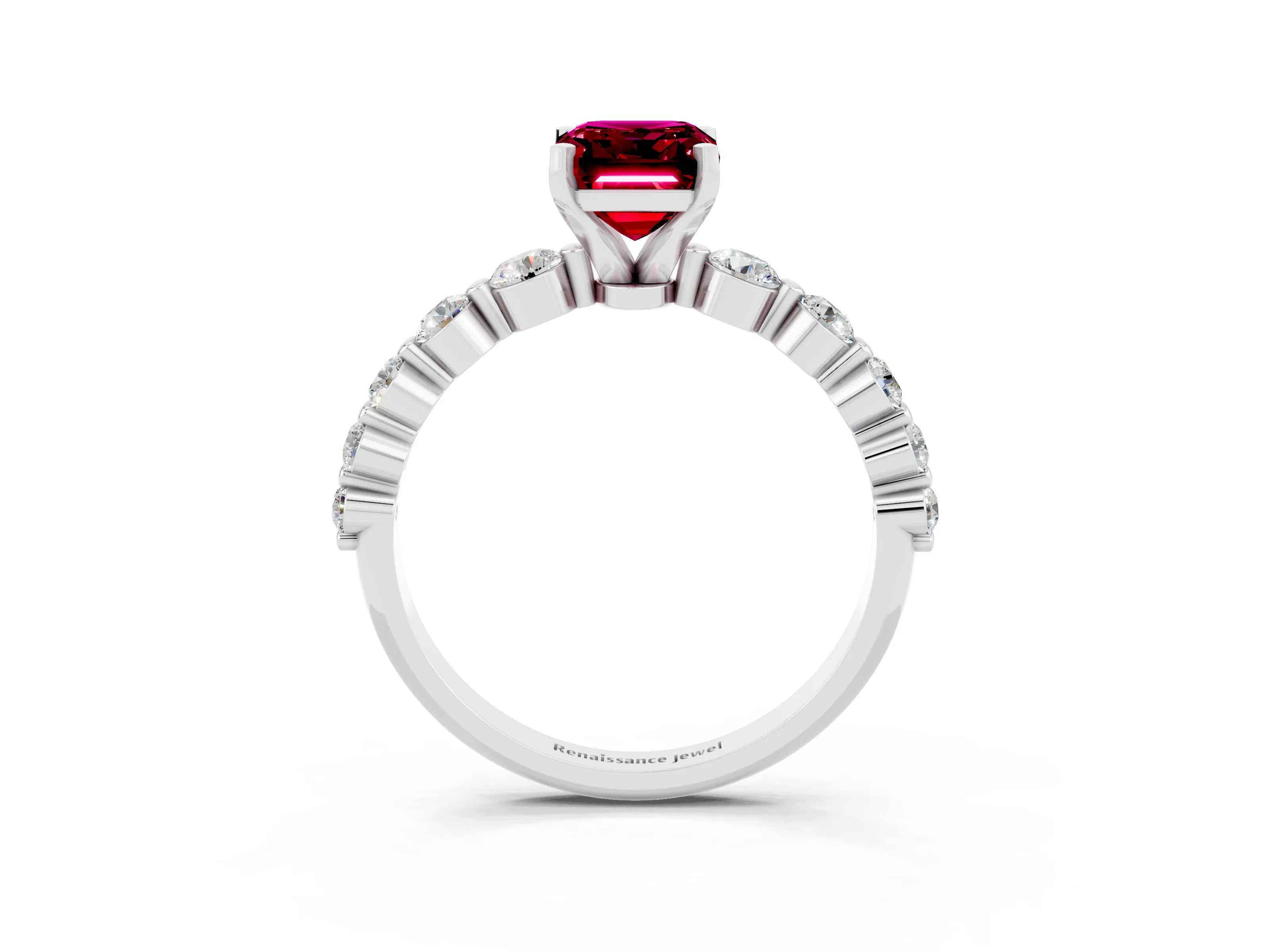 White gold Emerald Cut Solitaire Garnet Ring with Pave Band and Four-Prong Setting_3