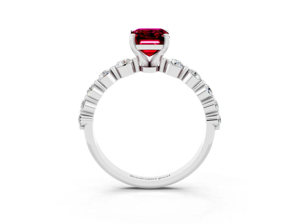 Silver Emerald Cut Solitaire Garnet Ring with Pave Band and Four-Prong Setting