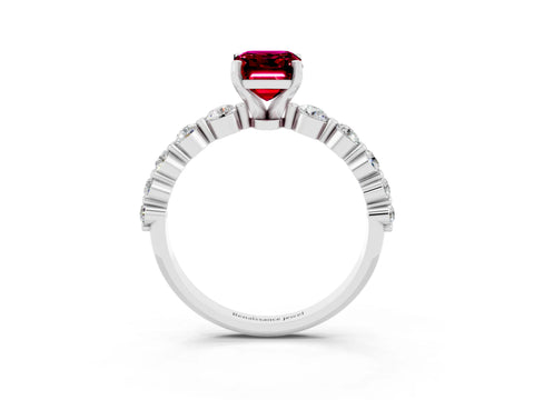 White gold Emerald Cut Solitaire Garnet Ring with Pave Band and Four-Prong Setting_3