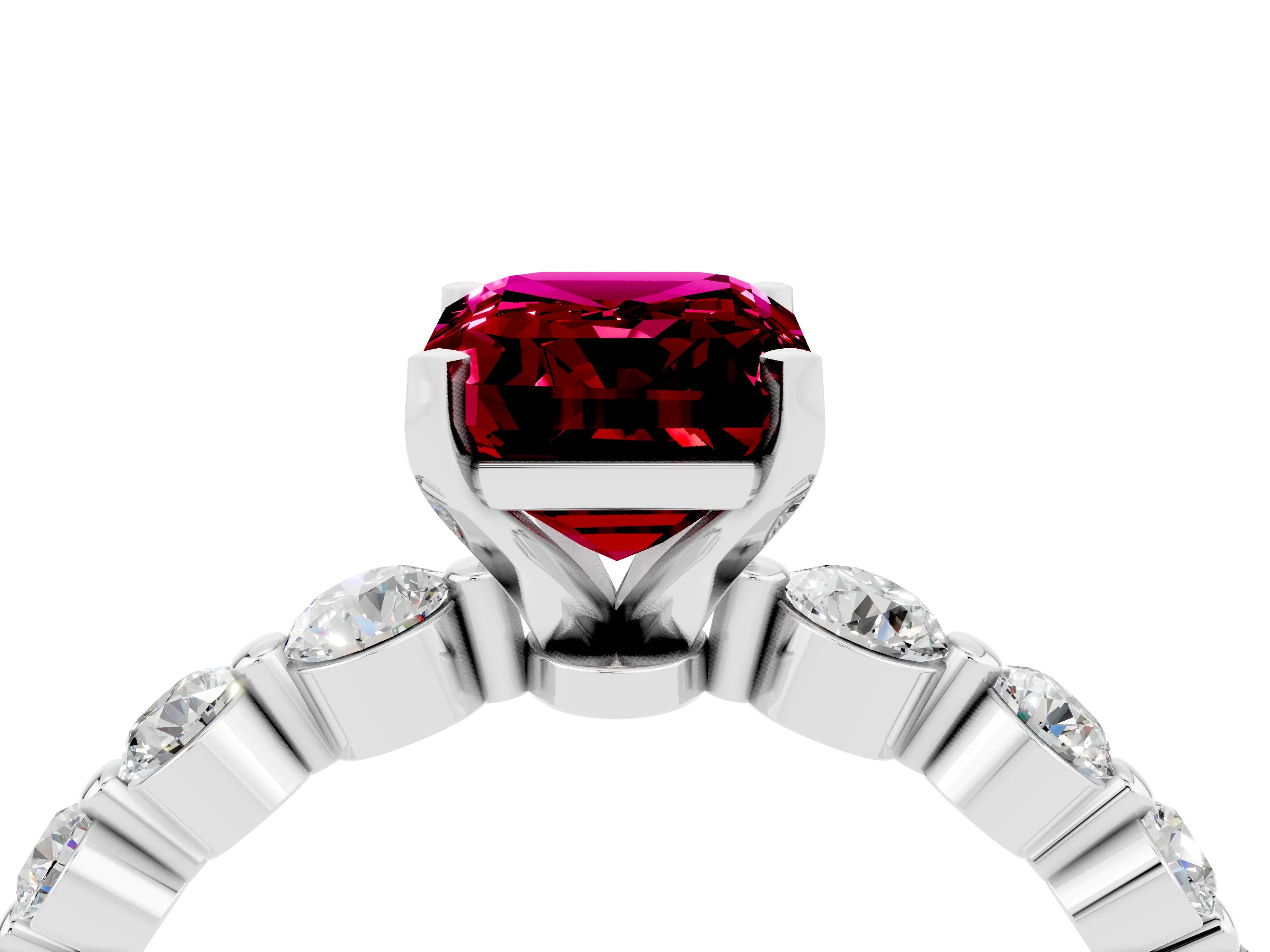 White gold Emerald Cut Solitaire Garnet Ring with Pave Band and Four-Prong Setting_4
