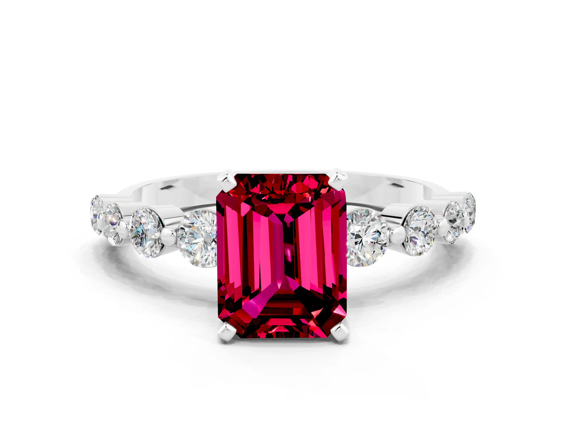 White gold Emerald Cut Solitaire Garnet Ring with Pave Band and Four-Prong Setting
