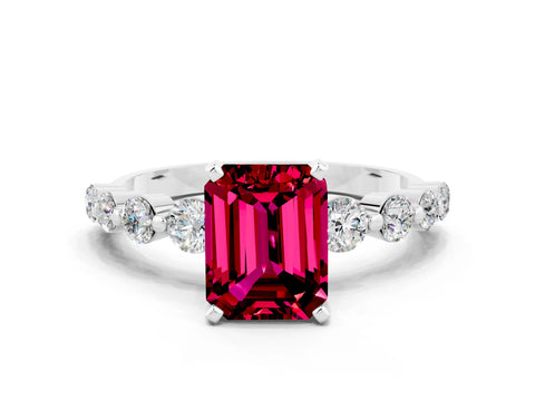 White gold Emerald Cut Solitaire Garnet Ring with Pave Band and Four-Prong Setting