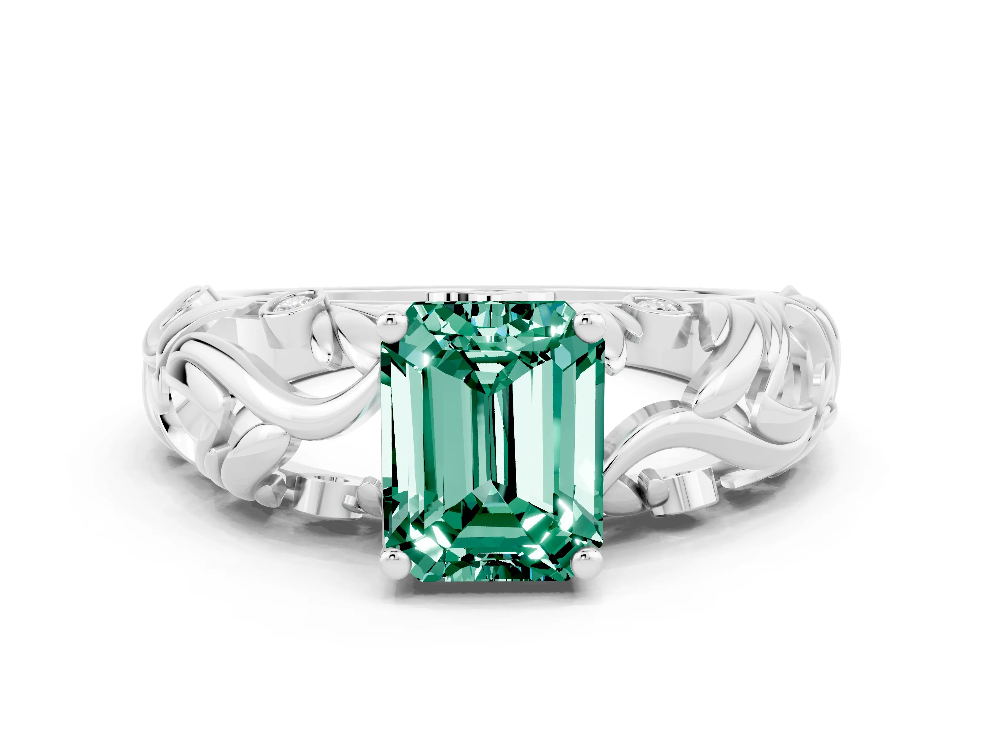 White gold Emerald Cut Solitaire Green Sapphire Leaf-Inspired Vine Band Ring with Prong Setting