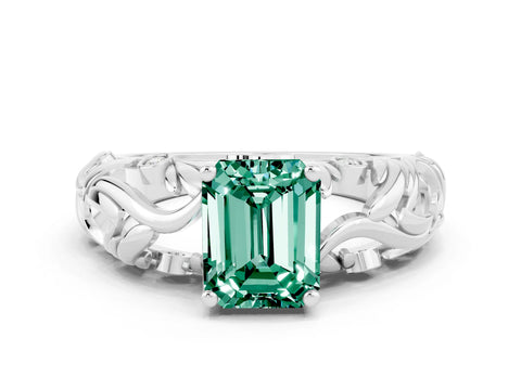 White gold Emerald Cut Solitaire Green Sapphire Leaf-Inspired Vine Band Ring with Prong Setting