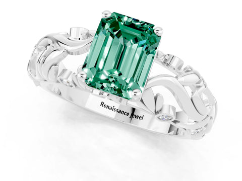 White gold Emerald Cut Solitaire Green Sapphire Leaf-Inspired Vine Band Ring with Prong Setting_1