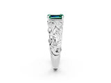 White gold Emerald Cut Solitaire Green Sapphire Leaf-Inspired Vine Band Ring with Prong Setting_2