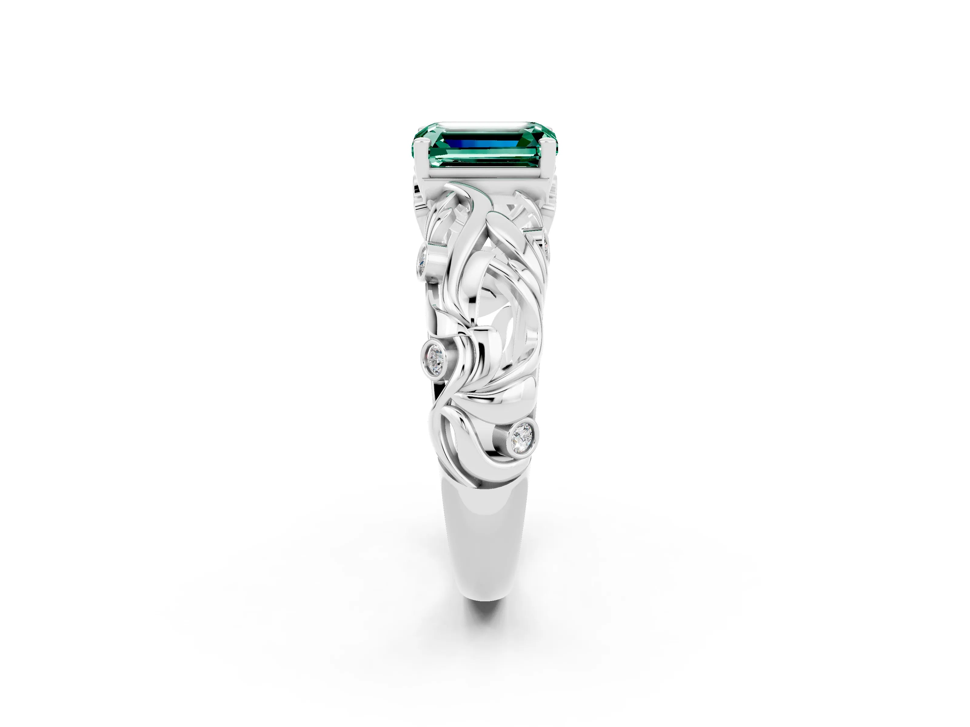 White gold Emerald Cut Solitaire Green Sapphire Leaf-Inspired Vine Band Ring with Prong Setting_2