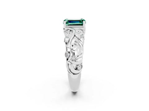 White gold Emerald Cut Solitaire Green Sapphire Leaf-Inspired Vine Band Ring with Prong Setting_2