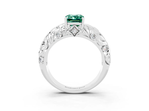 Platinum Emerald Cut Solitaire Green Sapphire Leaf-Inspired Vine Band Ring with Prong Setting