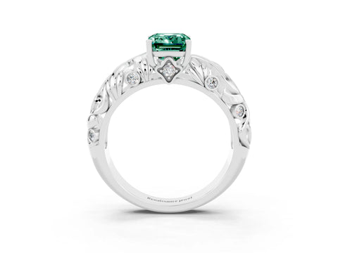 White gold Emerald Cut Solitaire Green Sapphire Leaf-Inspired Vine Band Ring with Prong Setting_3