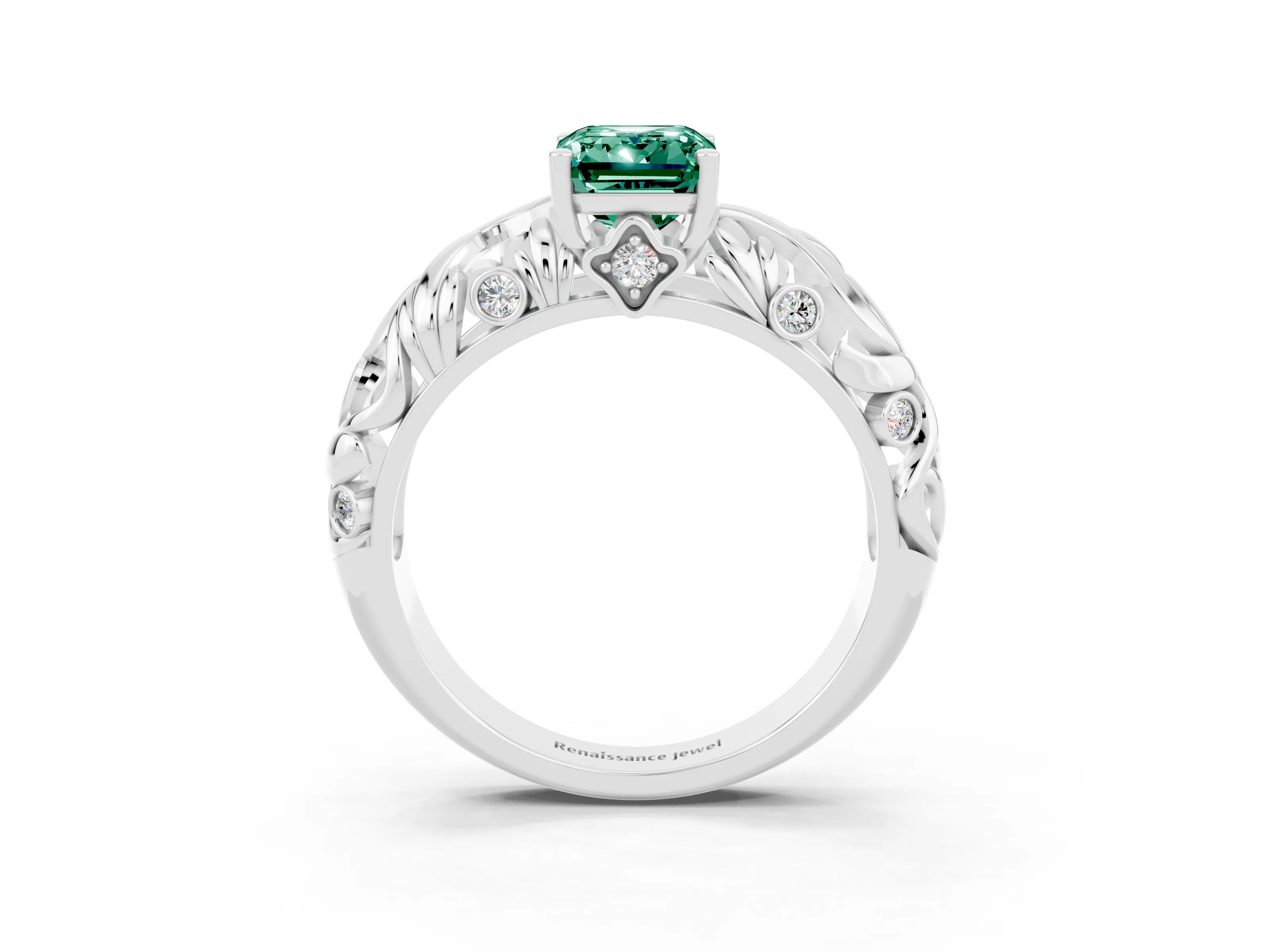 White gold Emerald Cut Solitaire Green Sapphire Leaf-Inspired Vine Band Ring with Prong Setting_3