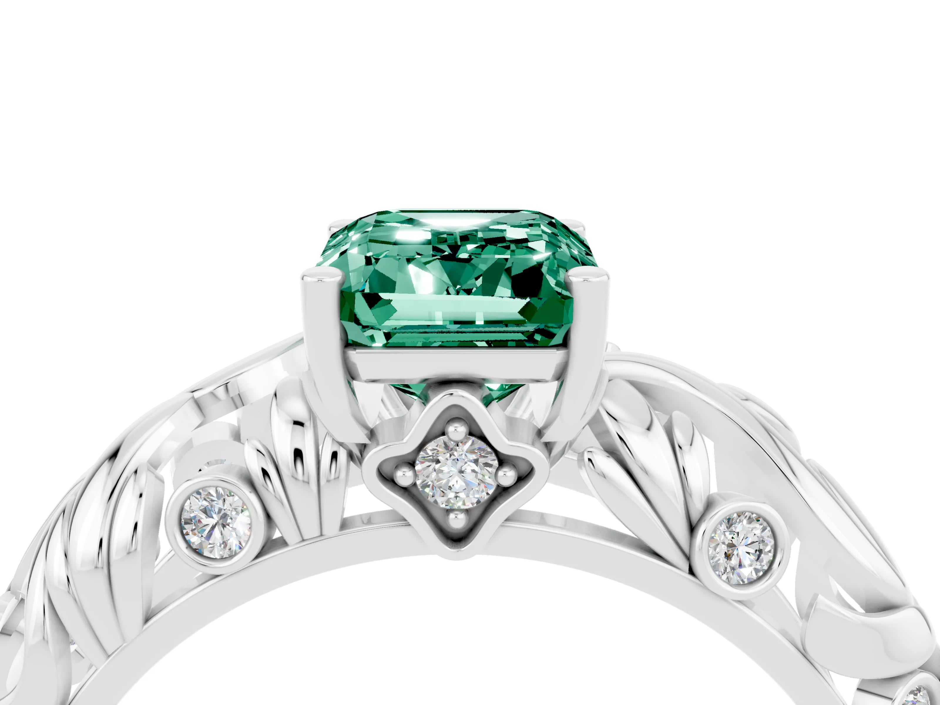White gold Emerald Cut Solitaire Green Sapphire Leaf-Inspired Vine Band Ring with Prong Setting_4