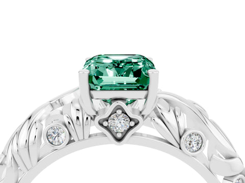 White gold Emerald Cut Solitaire Green Sapphire Leaf-Inspired Vine Band Ring with Prong Setting_4