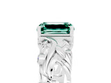 White gold Emerald Cut Solitaire Green Sapphire Leaf-Inspired Vine Band Ring with Prong Setting_5