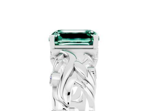 White gold Emerald Cut Solitaire Green Sapphire Leaf-Inspired Vine Band Ring with Prong Setting_5