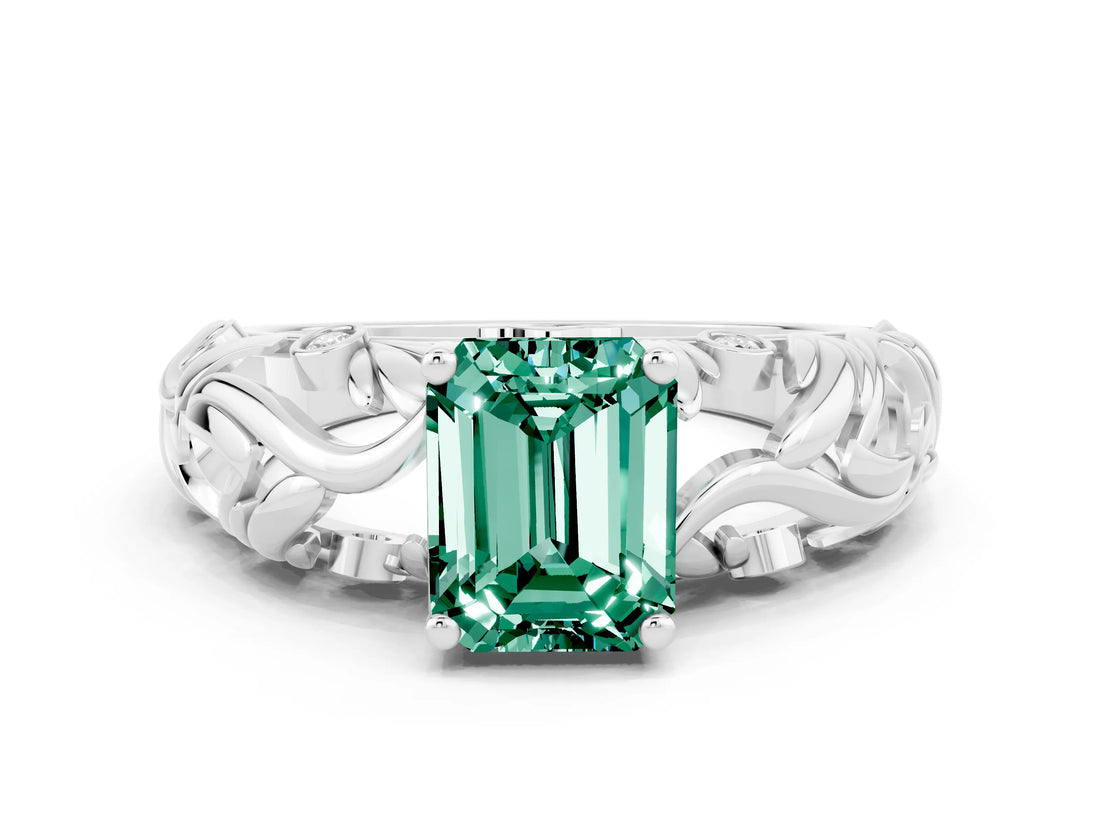 White gold Emerald Cut Solitaire Green Sapphire Leaf-Inspired Vine Band Ring with Prong Setting