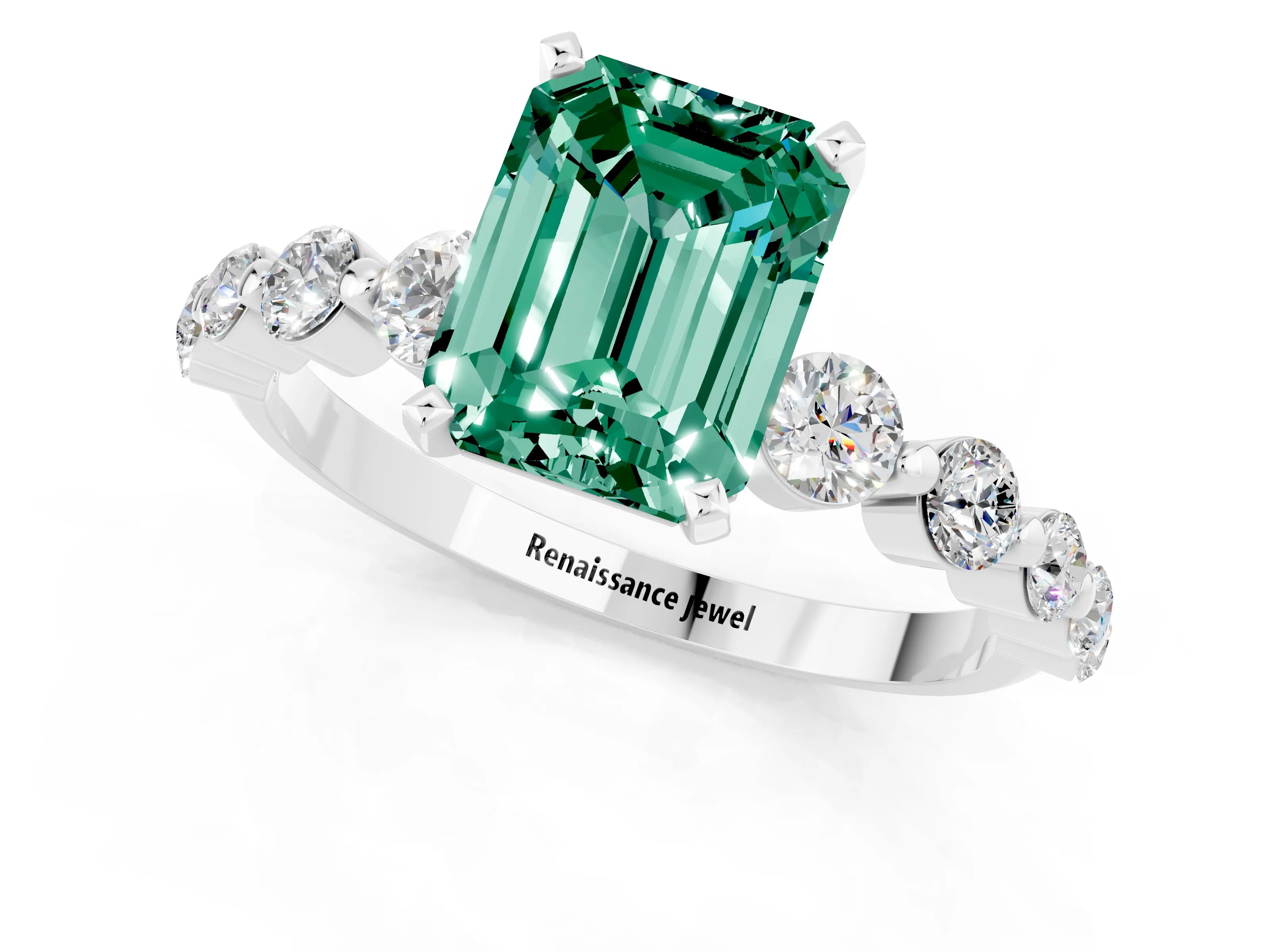 White gold Emerald Cut Solitaire Green Sapphire Ring with Pave Band and Four-Prong Setting_1