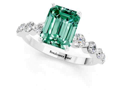 White gold Emerald Cut Solitaire Green Sapphire Ring with Pave Band and Four-Prong Setting_1