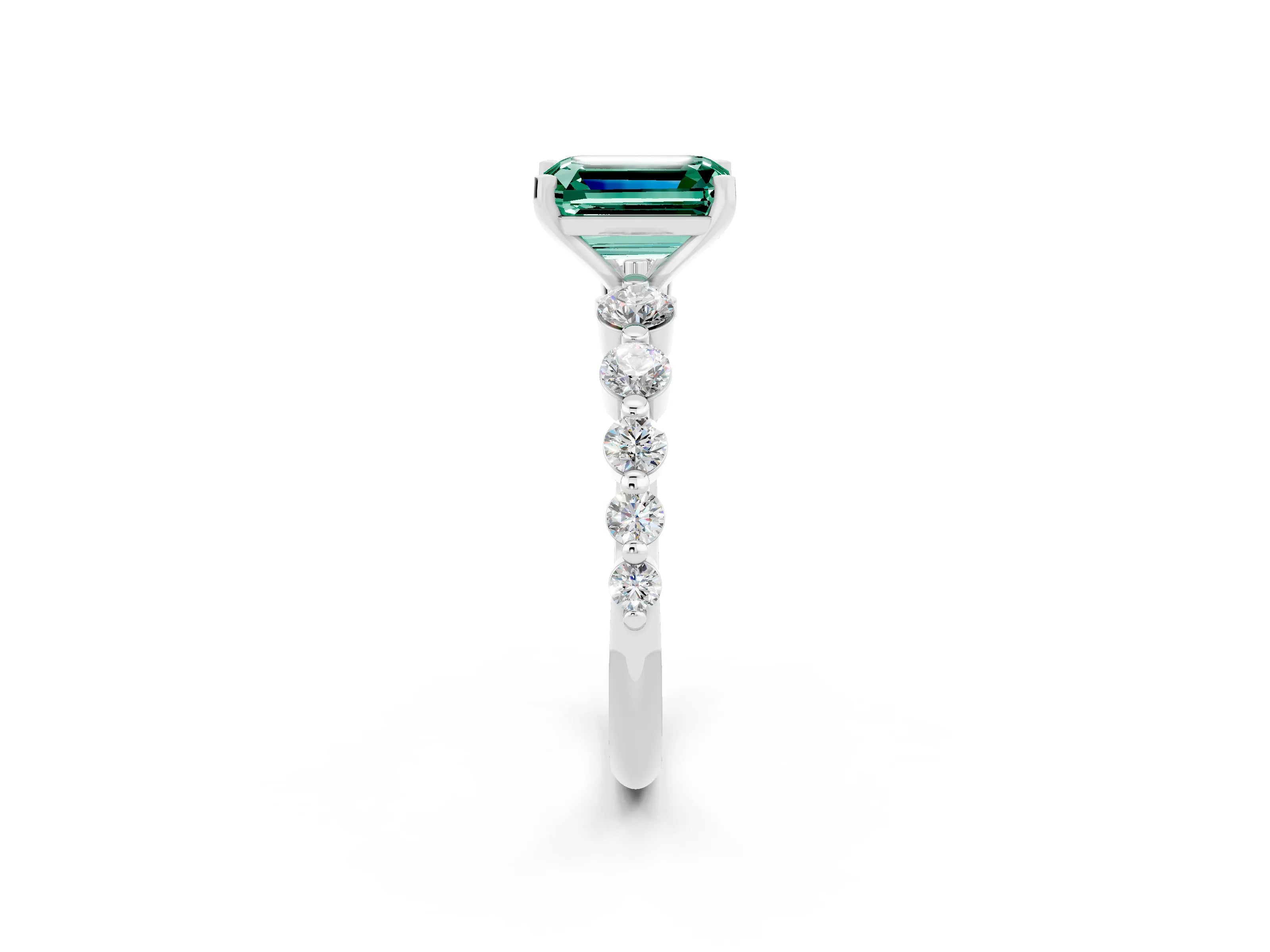 White gold Emerald Cut Solitaire Green Sapphire Ring with Pave Band and Four-Prong Setting_2
