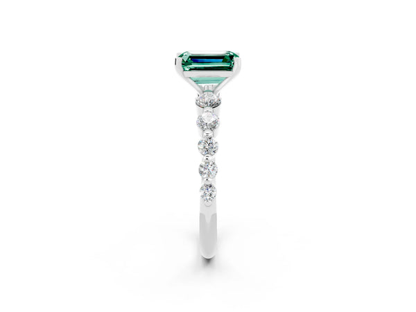 Silver Emerald Cut Solitaire Green Sapphire Ring with Pave Band and Four-Prong Setting