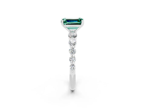 White gold Emerald Cut Solitaire Green Sapphire Ring with Pave Band and Four-Prong Setting_2