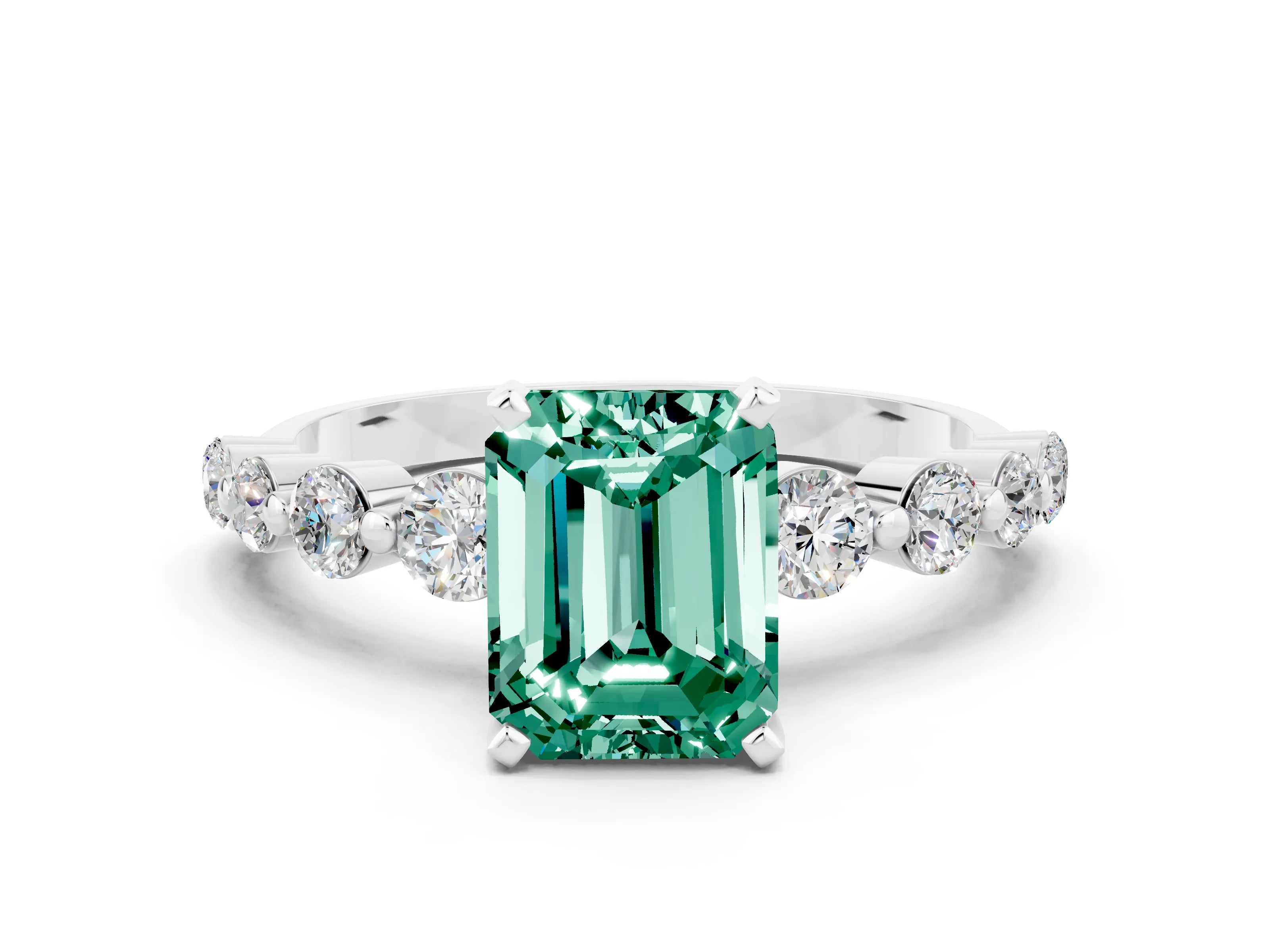 White gold Emerald Cut Solitaire Green Sapphire Ring with Pave Band and Four-Prong Setting