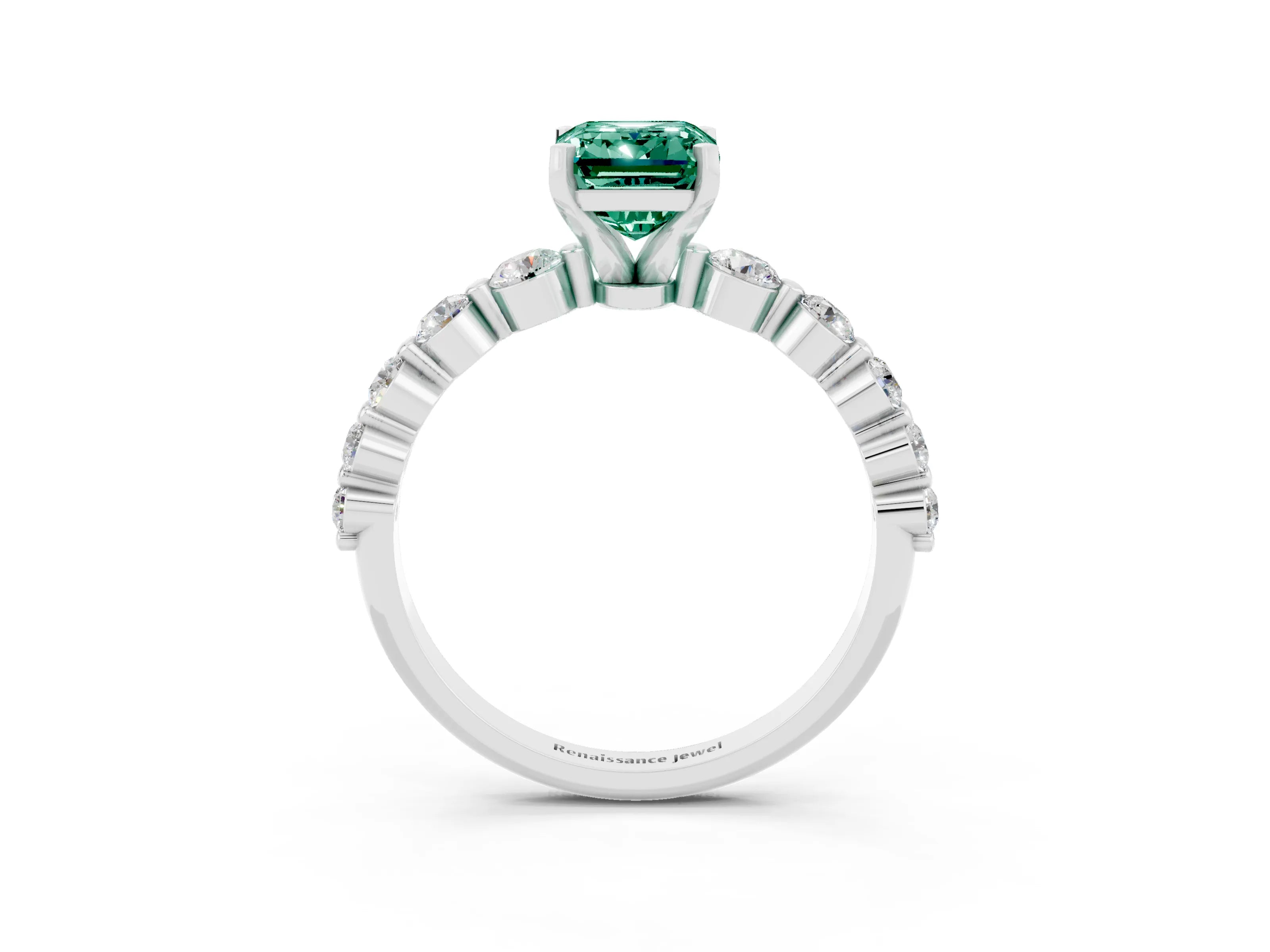 White gold Emerald Cut Solitaire Green Sapphire Ring with Pave Band and Four-Prong Setting_3