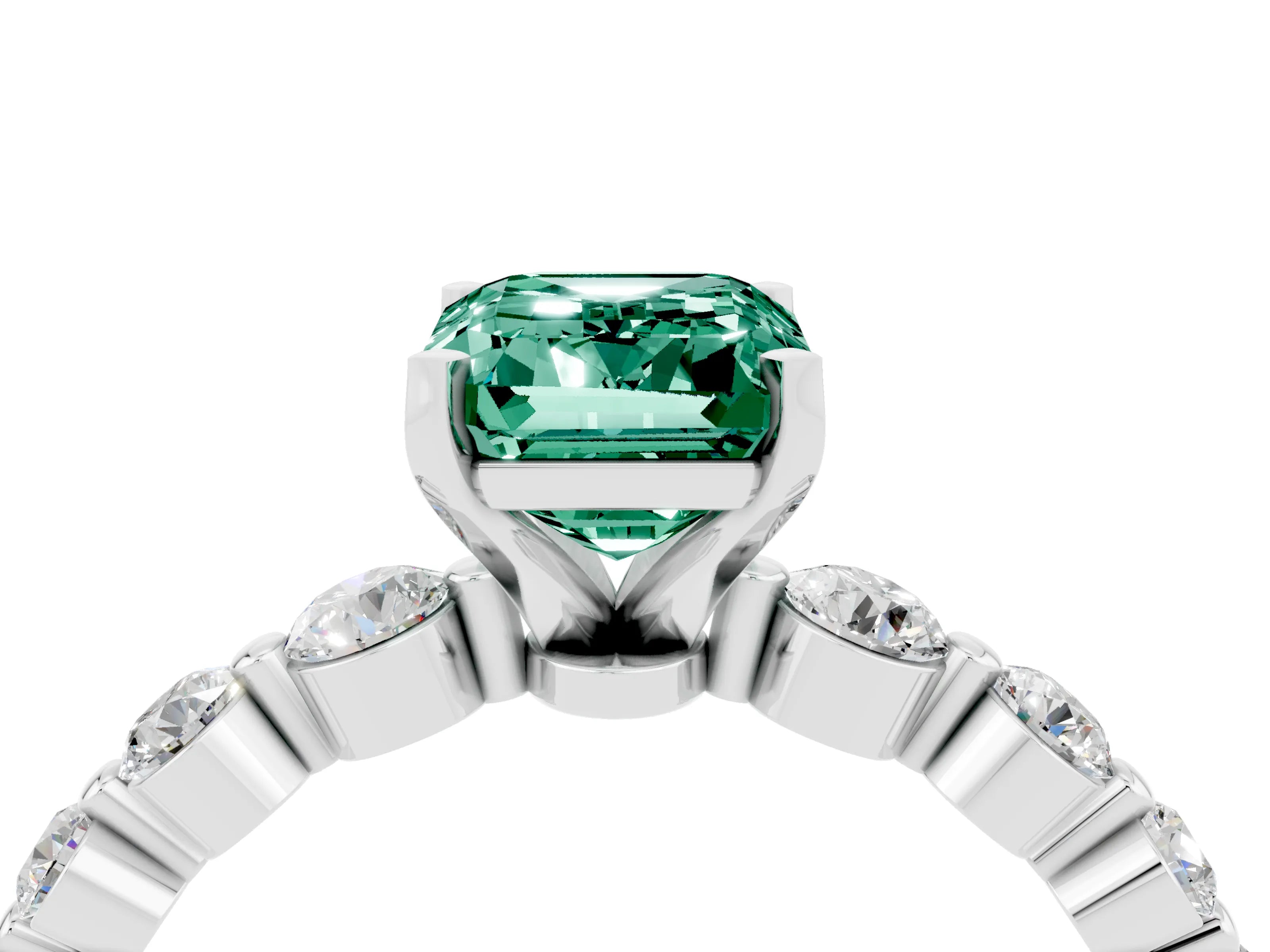 White gold Emerald Cut Solitaire Green Sapphire Ring with Pave Band and Four-Prong Setting_4