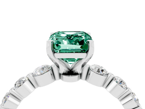 White gold Emerald Cut Solitaire Green Sapphire Ring with Pave Band and Four-Prong Setting_4