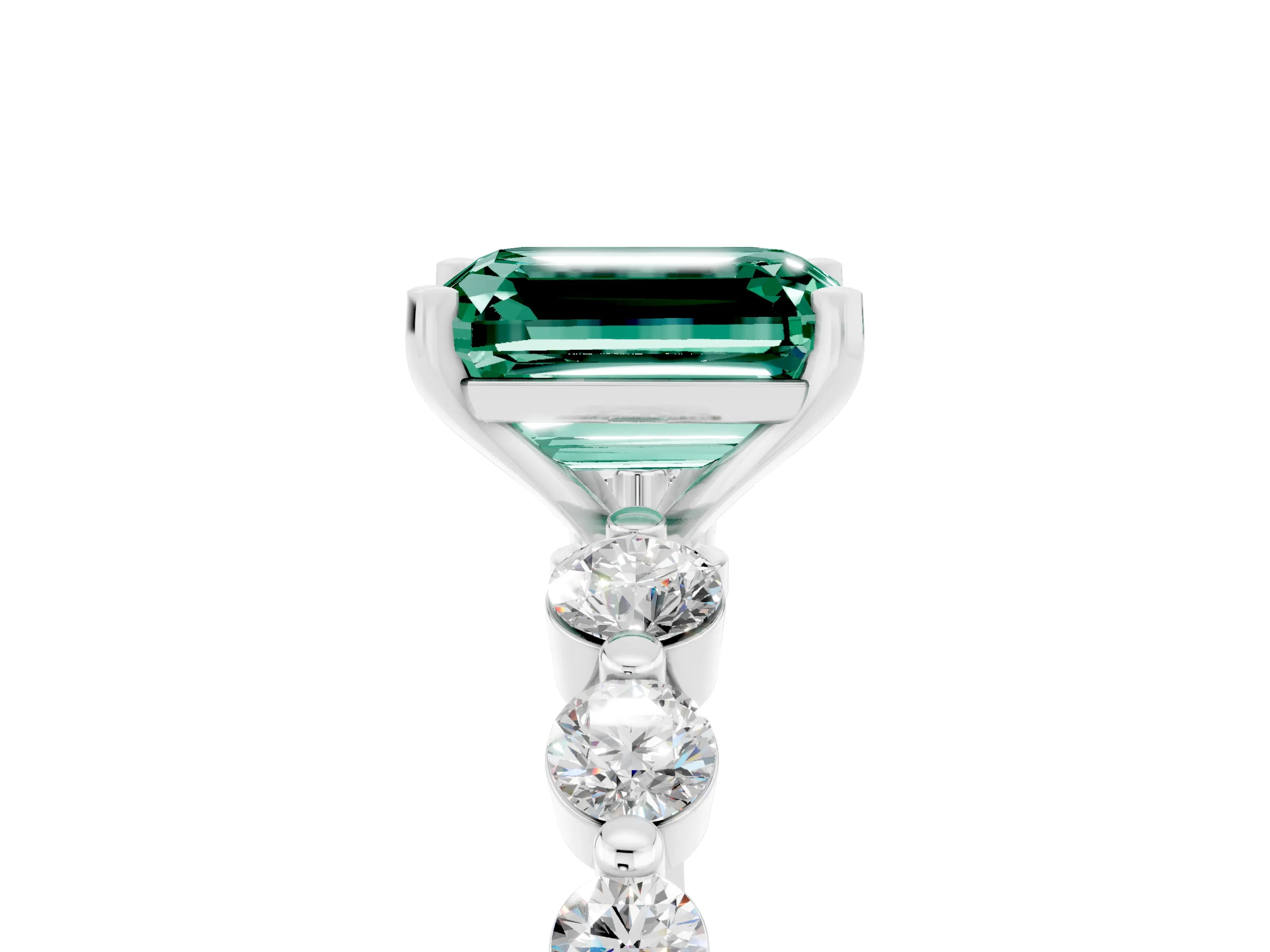 White gold Emerald Cut Solitaire Green Sapphire Ring with Pave Band and Four-Prong Setting_5