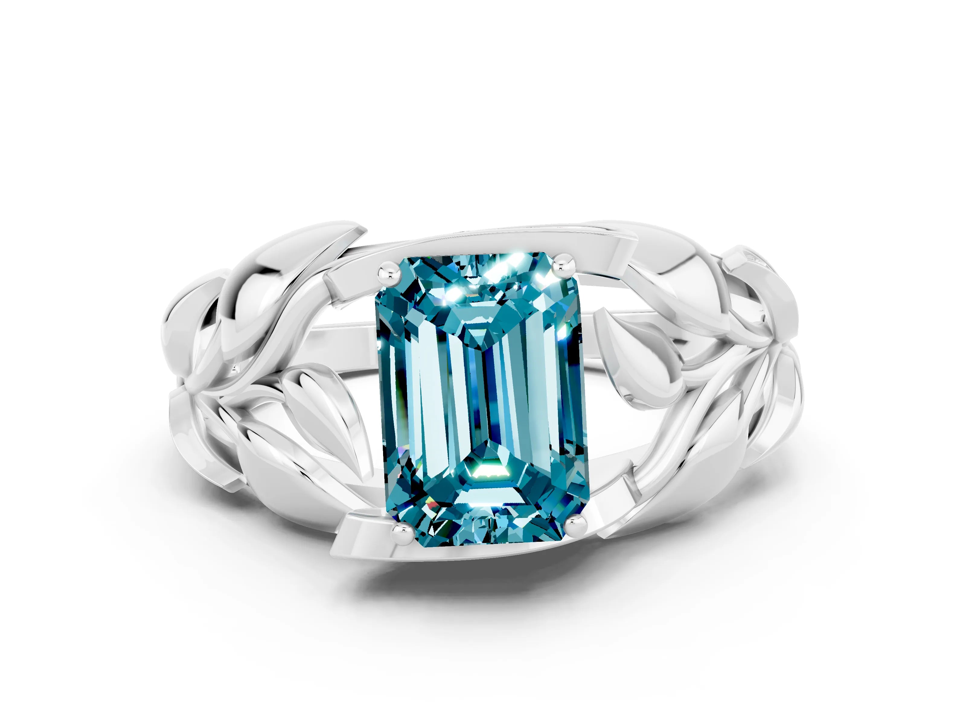 White gold Emerald Cut Solitaire Leaf-Inspired Engagement Ring with Prong Setting