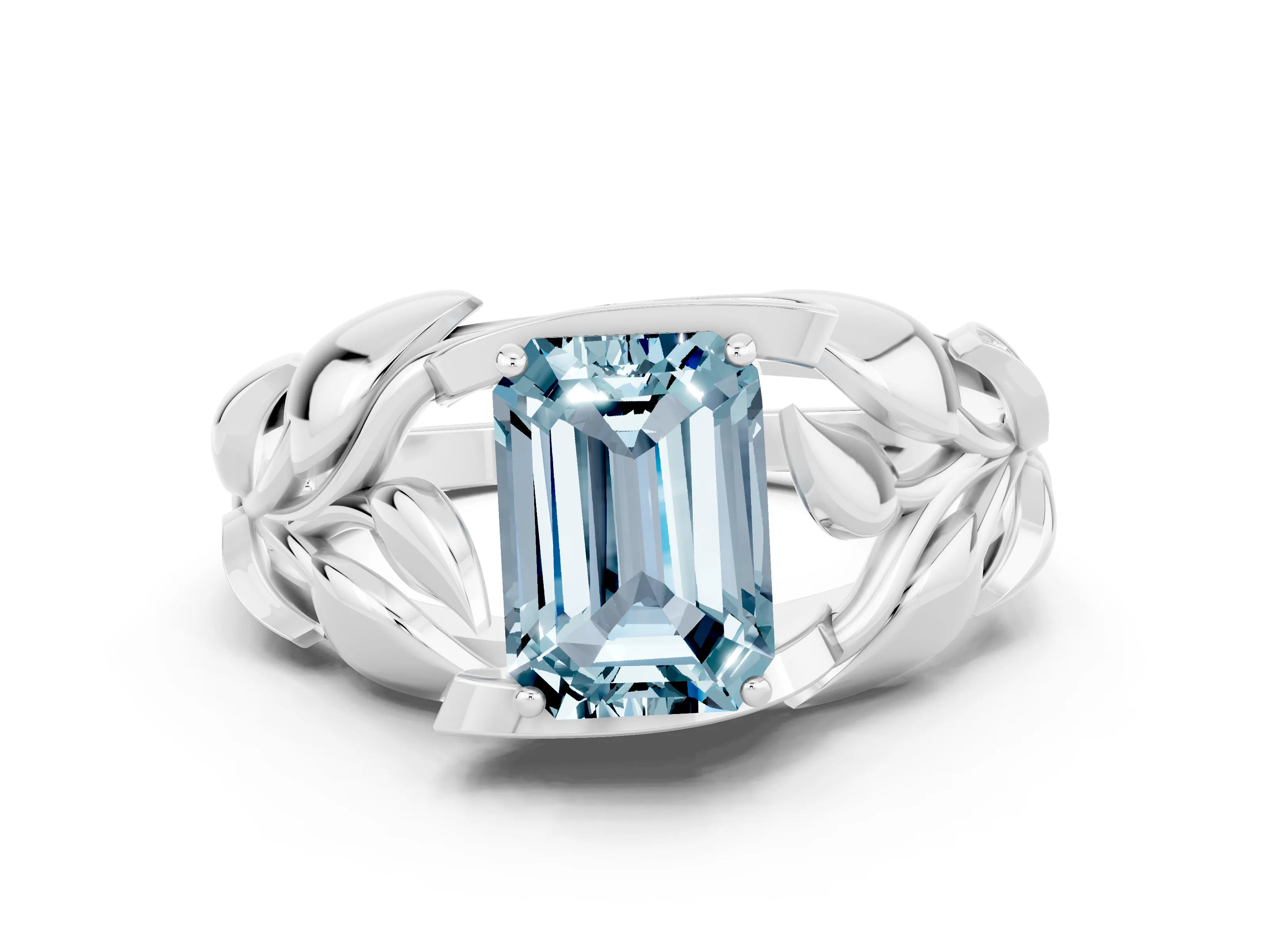 White gold Emerald Cut Solitaire Leaf-Inspired Engagement Ring with Prong Setting