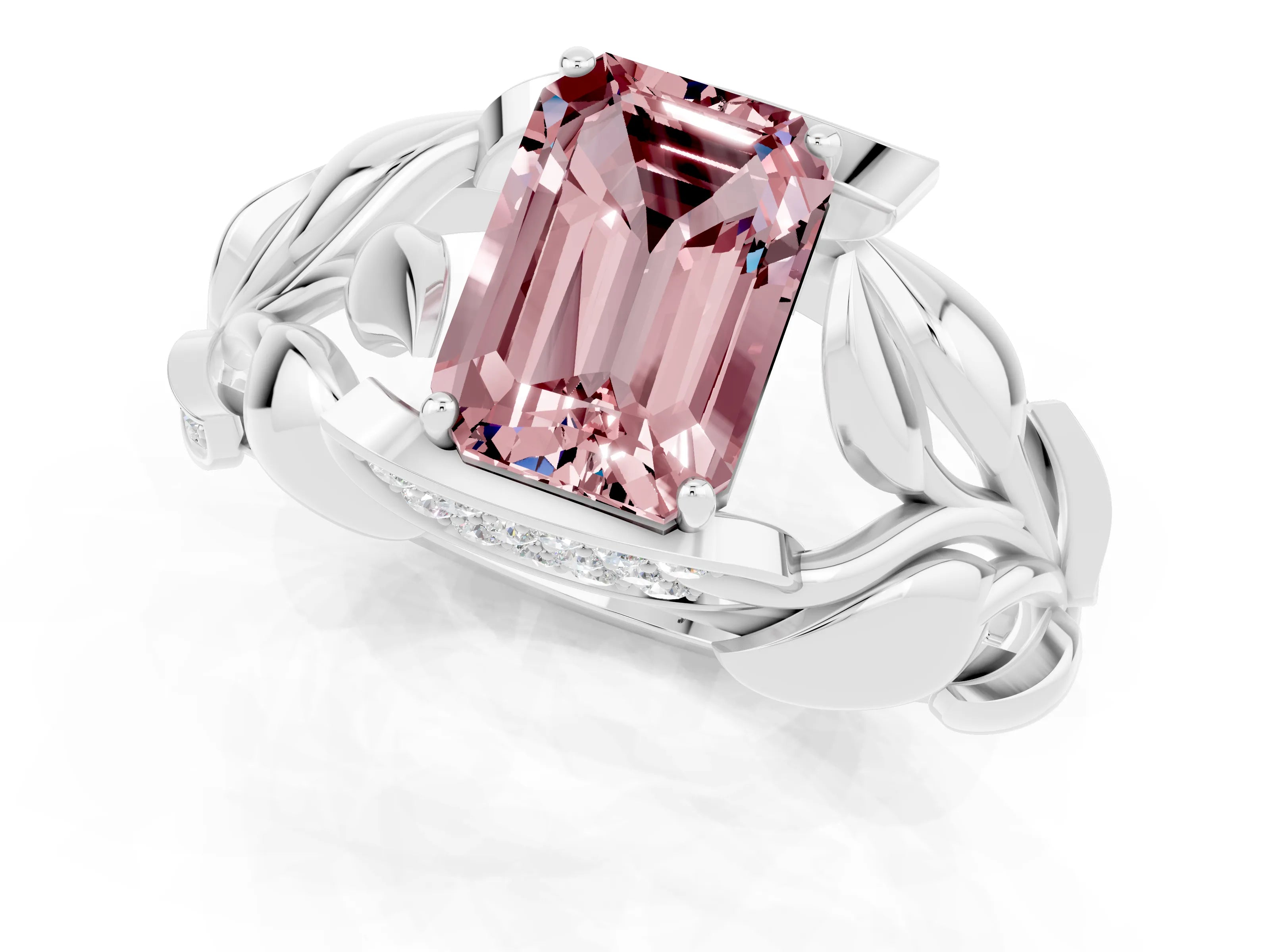 White gold Emerald Cut Solitaire Leaf-Inspired Engagement Ring with Prong Setting_1