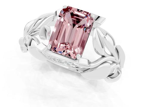 White gold Emerald Cut Solitaire Leaf-Inspired Engagement Ring with Prong Setting_1