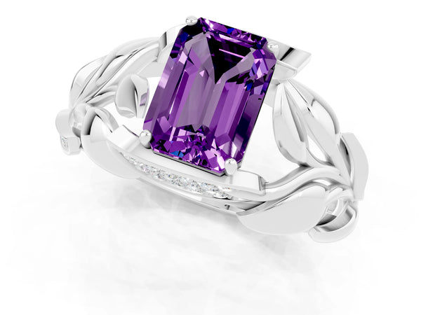 White gold Emerald Cut Amethyst Leaf-Inspired Engagement Ring with Round Accents and Prong Setting