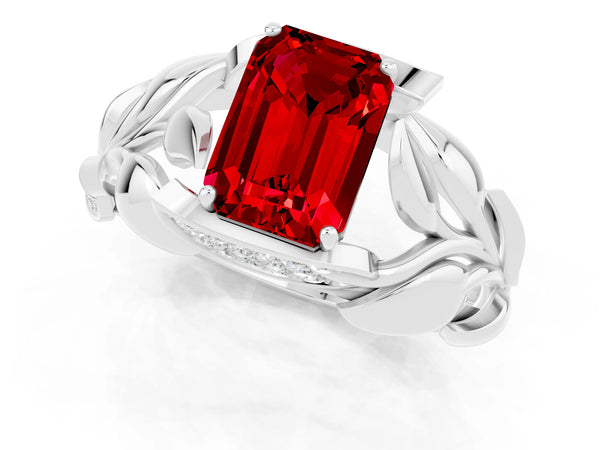 Platinum Emerald Cut Ruby Leaf-Inspired Engagement Ring with Round Accents and Prong Setting