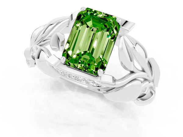 Platinum Emerald Cut Solitaire Leaf-Inspired Engagement Ring with Prong Setting