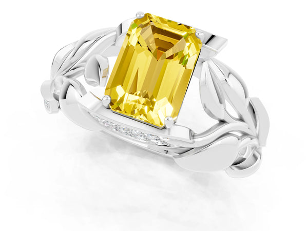 Silver Emerald Cut Yellow Sapphire Leaf-Inspired Engagement Ring with Round Accents and Prong Setting