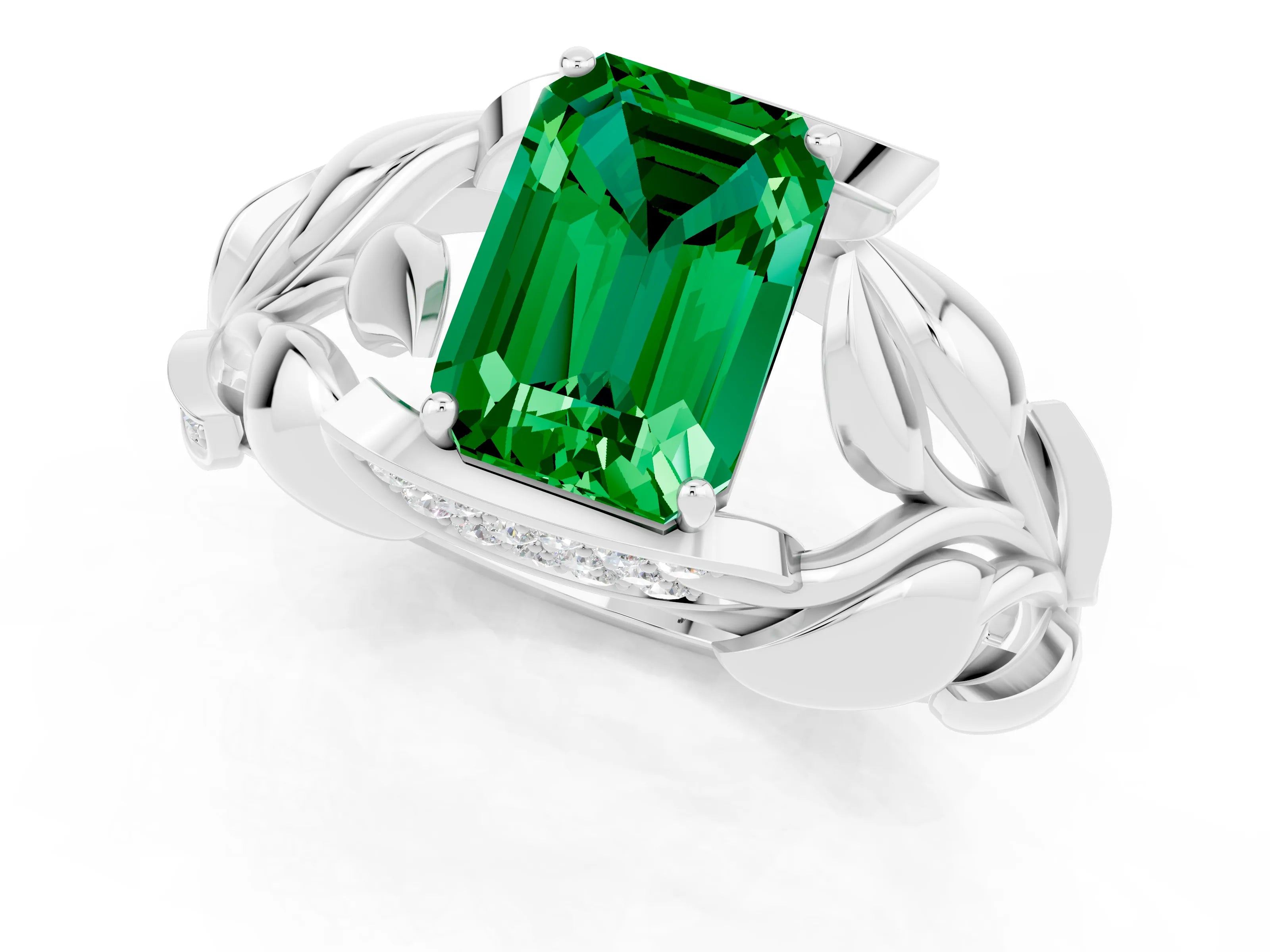 White gold Emerald Cut Solitaire Leaf-Inspired Engagement Ring with Prong Setting_1