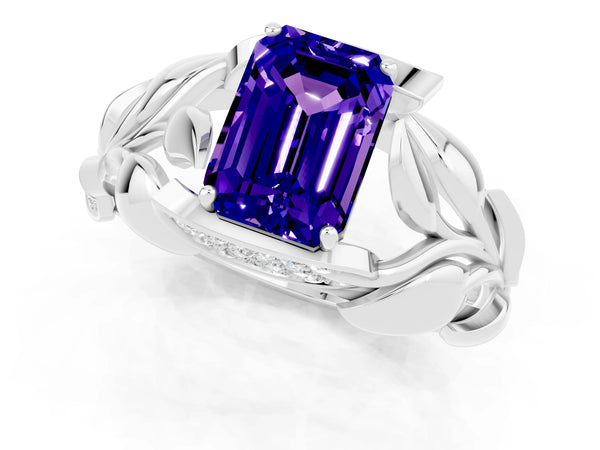 White gold Emerald Cut Tanzanite Leaf-Inspired Engagement Ring with Round Accents and Prong Setting